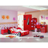 Red Racing Car Single Bed With Side Table-Wardobe-Book Shelf-Study Table